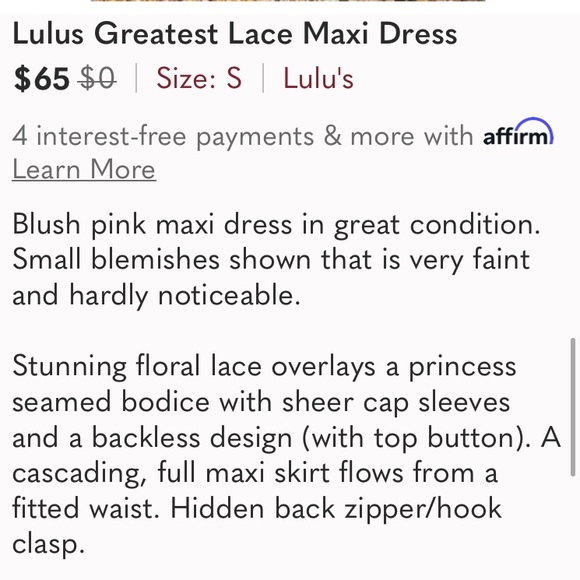 Lulus Greatest Lace Maxi Dress light pink lace bodice open back chiffon Skirt XS - Picture 10 of 17